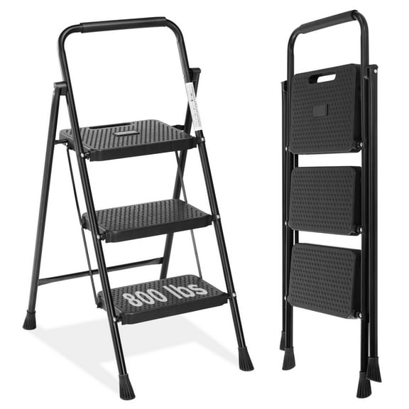 3 Step Ladder with Anti-Slip Pedal, Folding Step Stool for Home/Kitchen/Office, 800lbs Capacity,  Black ﻿