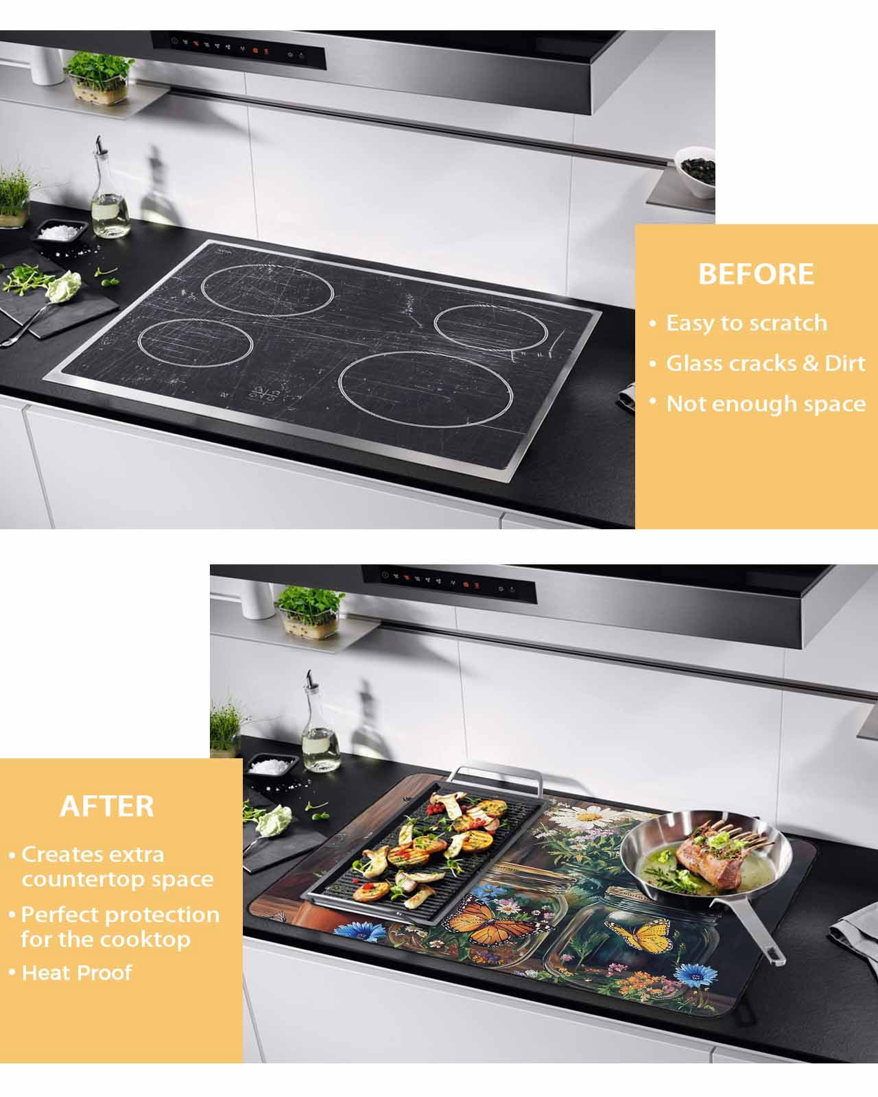 nqOlkjepod Large Induction Cooktop Protector Mat 36"x21", Butterfly Floral Stove Top Covers for Electric Stove, Country Daisy Wildflower Brown Barn Door Stove Burner Cover Mats Stove Cover