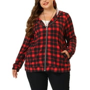 Vocoste Women's Plus Size Soft Plaid Long Sleeves Zip Up Hood Jacket 4X Red