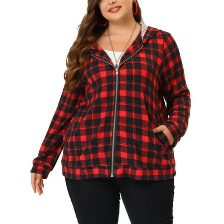 Vocoste Women's Plus Size Soft Plaid Long Sleeves Zip Up Hood Jacket 4X Red