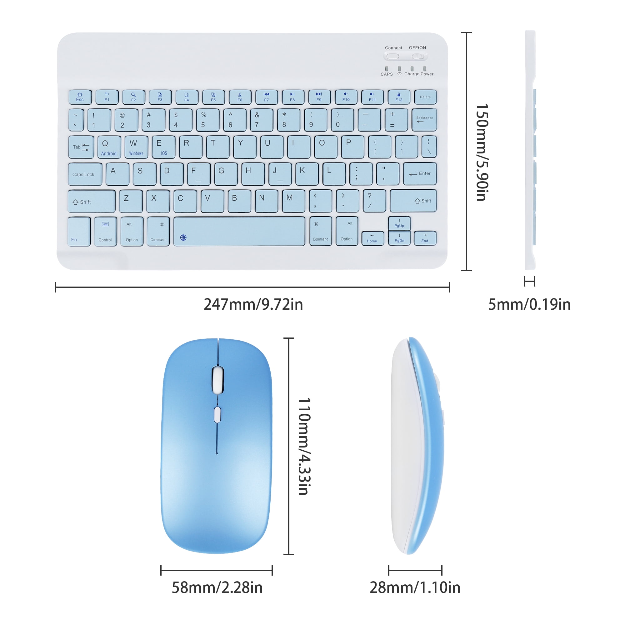 PloutoRich 10 inch Wireless Keyboard and Mouse Combos Mini Ultra-Slim 78 Keys Tablet Keyboard Portable Rechargeable Bluetooth Keyboard for Mac Windows, Blue