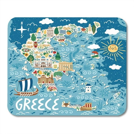 LADDKE Beach Map of Greece Travel Greek Landmarks Building Plants and Traditional Food Island Mousepad Mouse Pad Mouse Mat 9x10