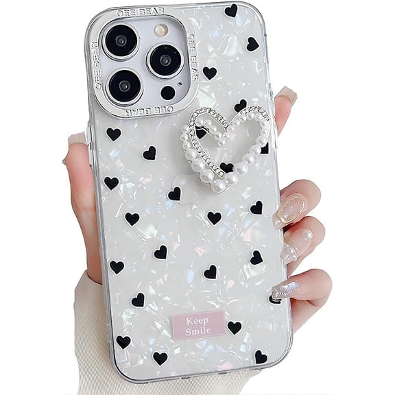 for iPhone Case,Cute Glitter Pearl Shell Pattern Love Heart Silicone Camera Lens Protection Soft Shockproof Phone Case (White,iPhone 13)