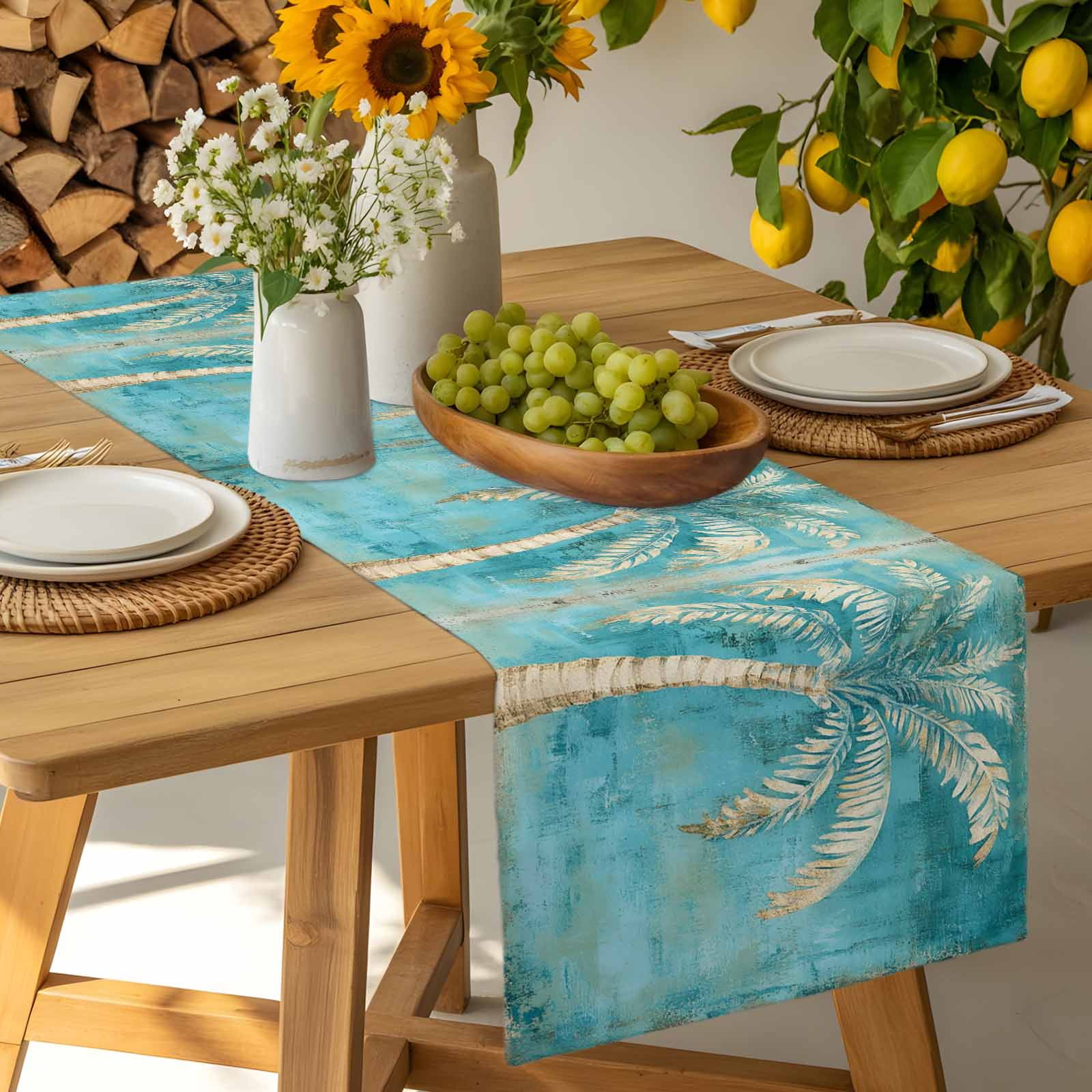 Green Tree Coastal Beach Cotton Linen Table Runner for Dining Kitchen, Vintage Tropical Plant Wedding Outdoor Party Tablerunners Decoration, Dresser Scarf Coffee Tablecloth Runners 13x70 Inches