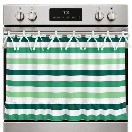 Farmhouse Oven Skirt Curtain Green Ombre Grey Striped Oven Curtain Tie Top Farmhouse Stripe Modern Stove Skirt Curtains with Ties&Ruffle Trim Dishwasher Skirts Curtains Cover for Cabinet 30 x21.5