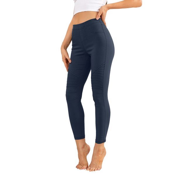 CALIPESSA Womens Navy Blue Crease Detail Skinny Leggings Elastic Waist