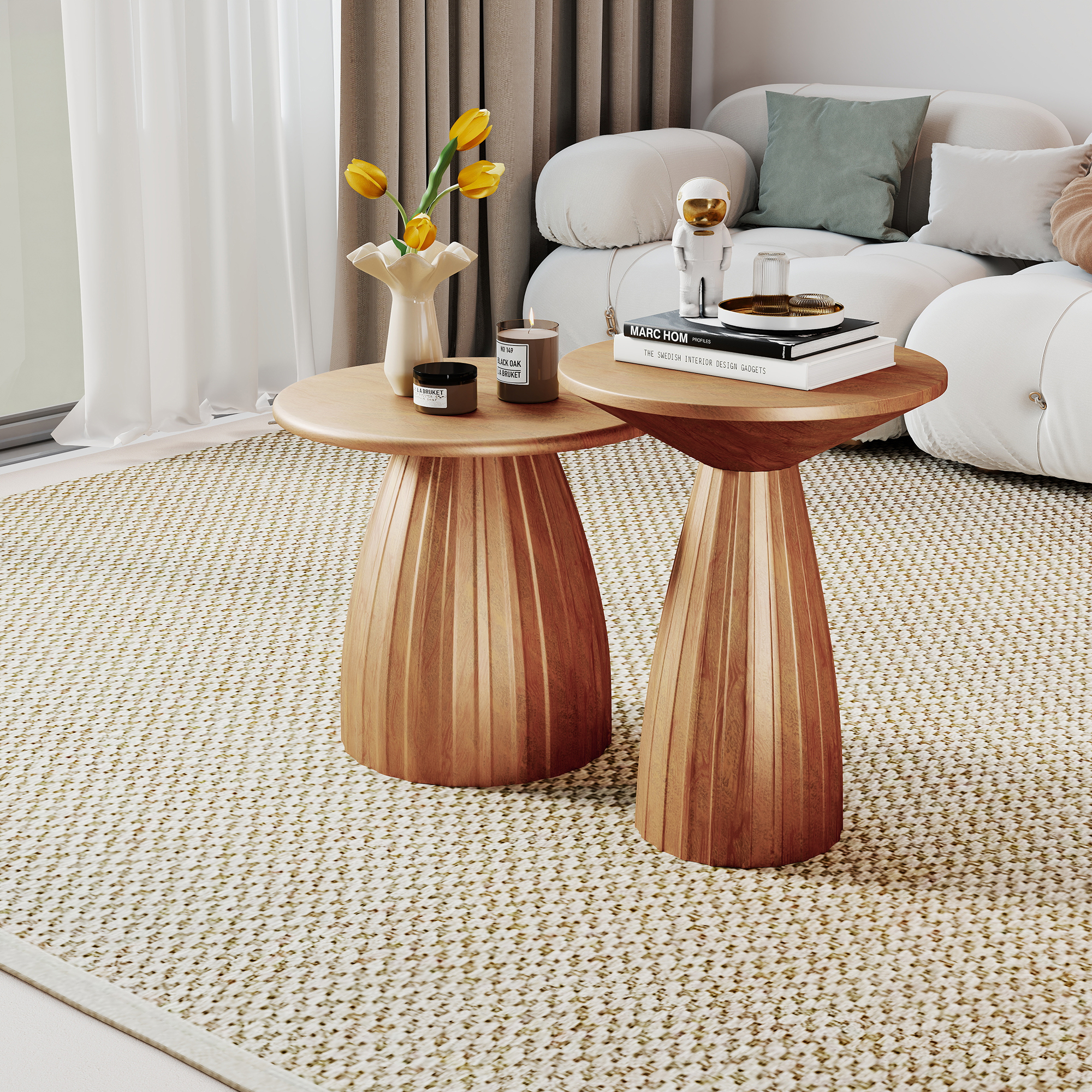 Outdoor Side Tables Set of 2, Small Round End Table, Weather Resistant Metal Steel Side Table for Patio Yard Balcony Garden Bedside, No Assembly, Brown
