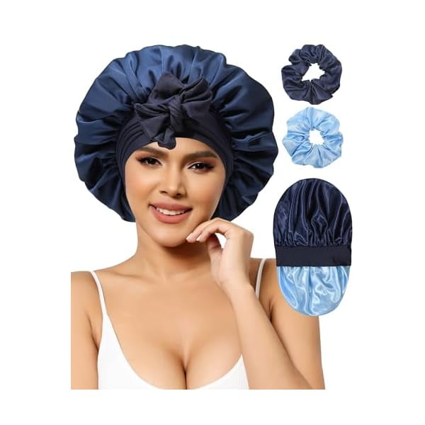 wonima11 Satin Bonnets Silk Bonnet Sleeping Women Hair Bonnet Curly Hair Sleep Cap Reversible Double Layer Bonnets with Tie Band (Blue Bonnet + Satin Scrunchies)