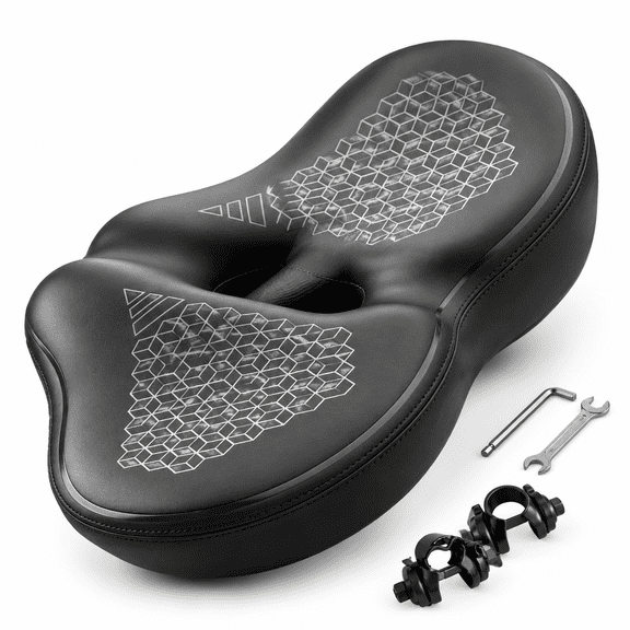 Noseless Oversized Black Bike Seat, Extra Wide Bicycle Cushion for Men and Women