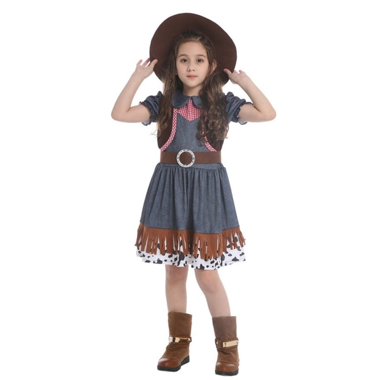 MEZZALL Girls Western Outfit Sets Dress With Vest And Hat For Play Pretend Party Birthday Party Clothing Sets Kids Celebration