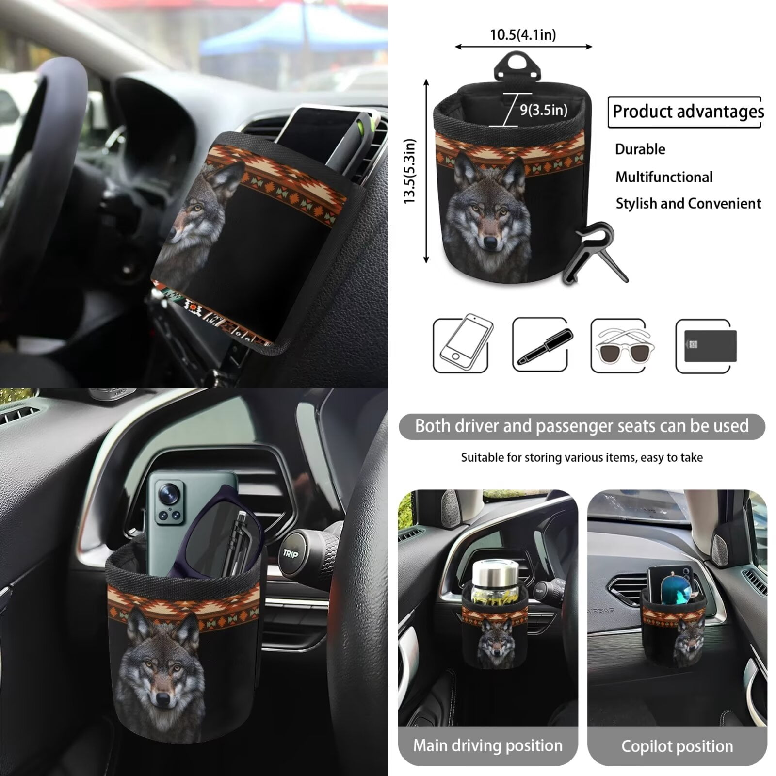 KUIFORTI Boho Car Seat Covers Full Set of 15, Wolf Car Seat Cover/Steering Wheel Cover/Seatbelt Shoulder Pads/Key Chain/Car Trash Bag/Car Vent Storage Organizer/Coasters/Rear View Mirrow Cover
