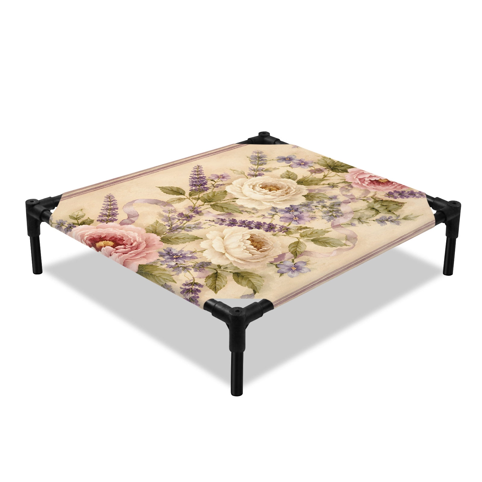 Red Floral Elevated Dog Bed Romantic Pink Peony Flower Purple Lavender Vintage Cooling Breathable Outdoor Raised Dog Cot Bed with Metal Frame Non-Slip Feet for Small Dog 20x20in