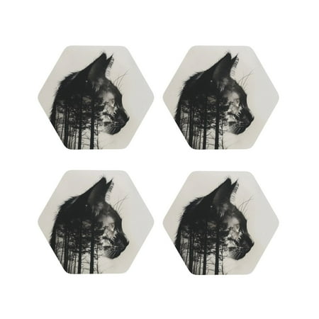 

Leather Coasters Set of 4 - Double Exposure Cat Forest Lightweight Non-Slip Drink Coasters for Desk Anti-Scalding Desk Cup Coasters for Office Table Decor Hexagon
