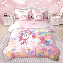 jejeloiu Cute Cartoon Unicorn 7-Piece Bedding Comforter Set,Colorful Kawaii Flowers King Bedding Sets,Watercolor Ink Painting Bed Sheets For Girls Teens,Super Cozy Room Decor Reversible