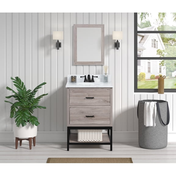 Hartley 24" Single Bathroom Vanity, 25" W x 22" D x 34.5" H, Carrara White Quartz Top with Sink & Backsplash, Wash Gray, MDF, Pre-Assembled, 2 Soft-Closing Drawers, 1 Shelf