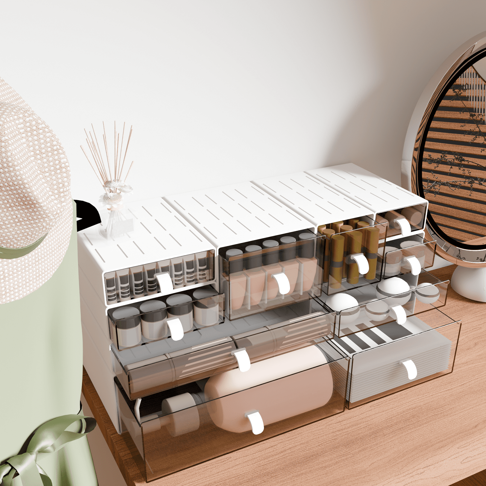 Yashong 10 Drawers Stackable Desk Storage Organizer for Desktop, Office, DIY Craft and Make Up, White & Clear
