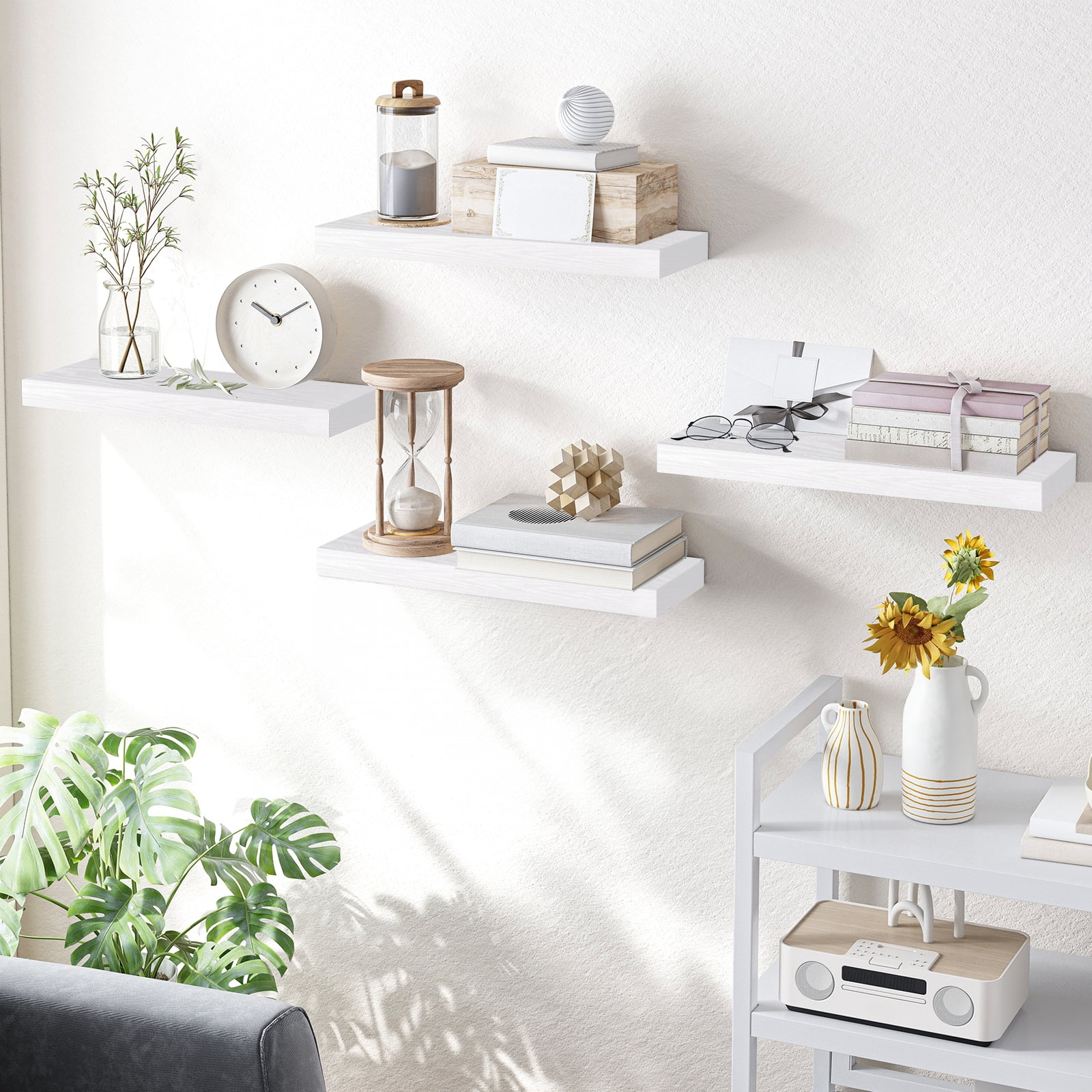 Fairy 15.8in Floating Shelves, Wall Shelves Set of 4, Shelves for Wall Decor, with Invisible Brackets, 15.8x1.2x5.5inches, White