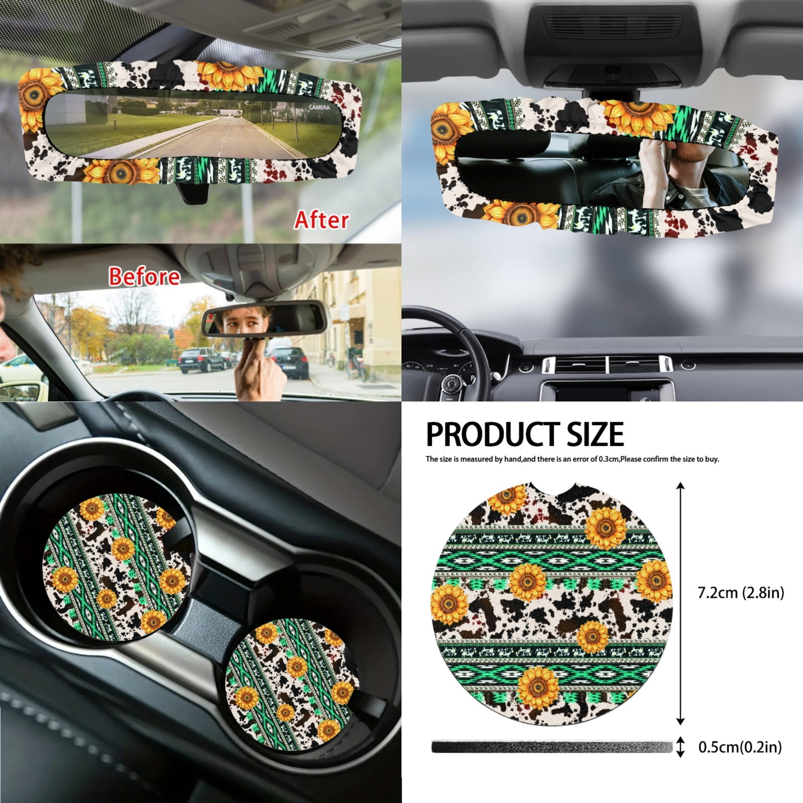 Renewold American Tribal Sunflower Cow Print Green Car Seat Covers Full Set, with Steering Wheel Safe Belt Cover Handbrake Set Coasters Garbage Bin Rear View Mirror Center Console Cover, 14 PCS