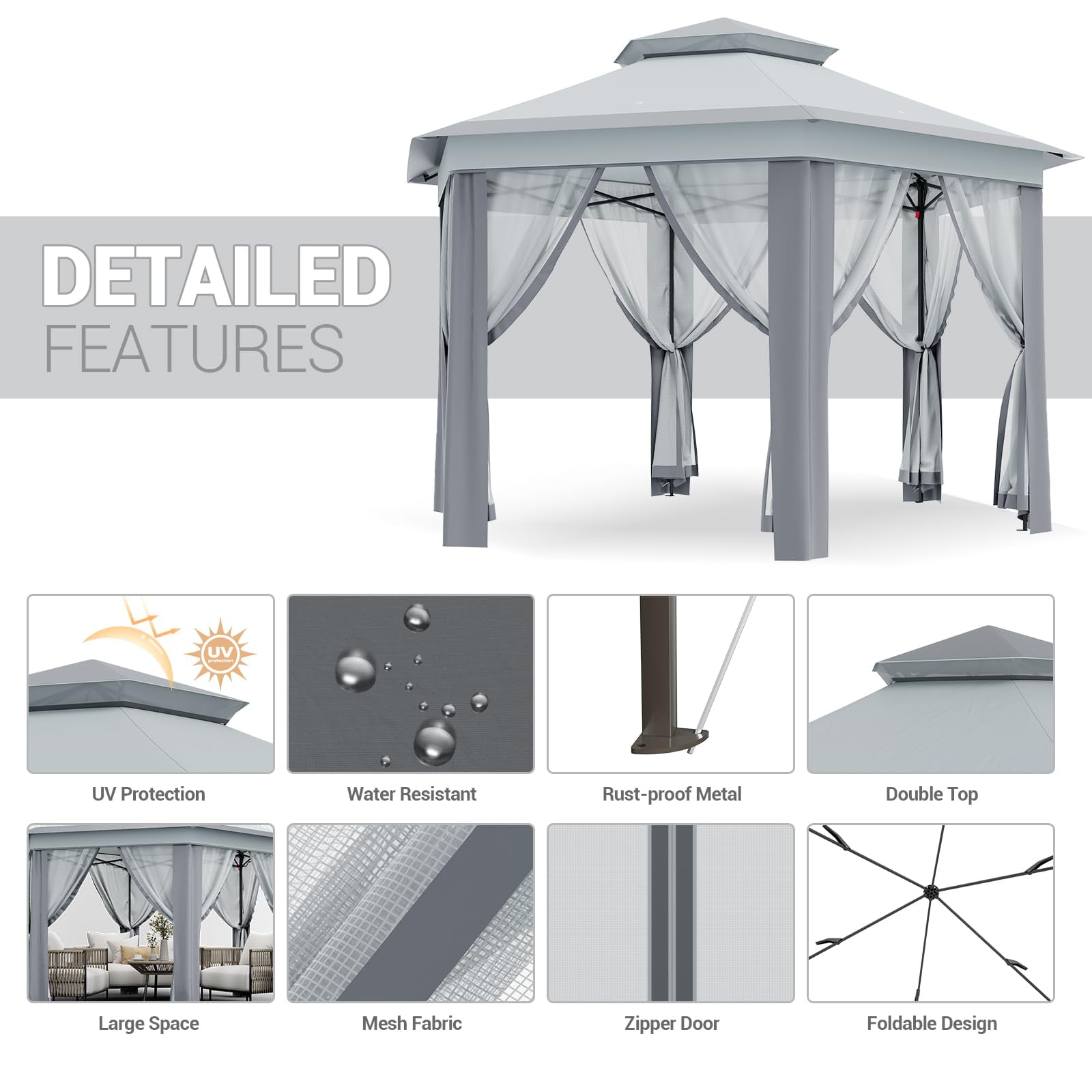 TROPOW Gazebos for Gardens,All Seasons Gazebos,with Adjustable Heights,Outdoor Gazebo for Backyard & Patio Furniture,Pop Up Tent,Gray