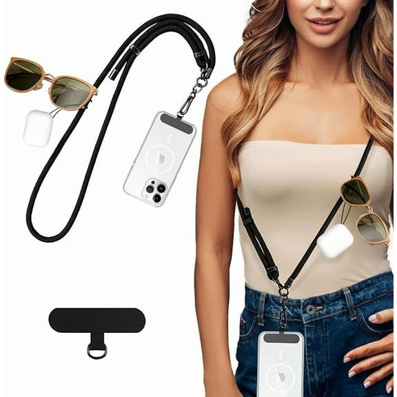 Extra Long Phone Lanyard Strap Crossbody - Adjustable Nylon Lanyard for All Phones - Anti Theft Phone Strap Around the Neck with Tether Tabs, Cell Phone Lanyard for Women & Men, Black