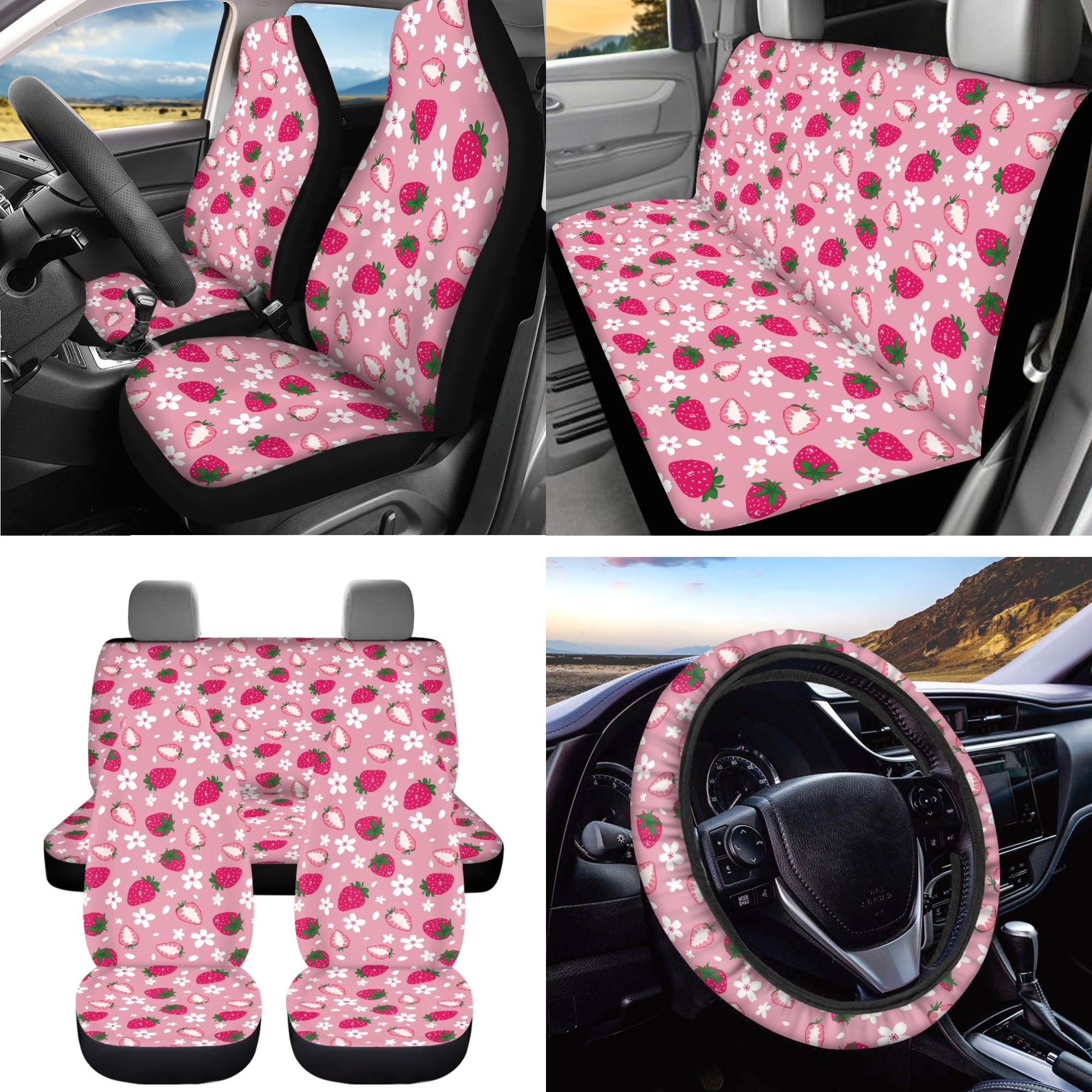Yuyamidu Pink Strawberry Car Seat Cover Set 15 PCS Flower Steering Wheel Cover Seat Belt Cushion Pad Garbage Bag Air Vent Pocket Rearview Mirror Cover Coasters Keychain for SUV Sedan Van
