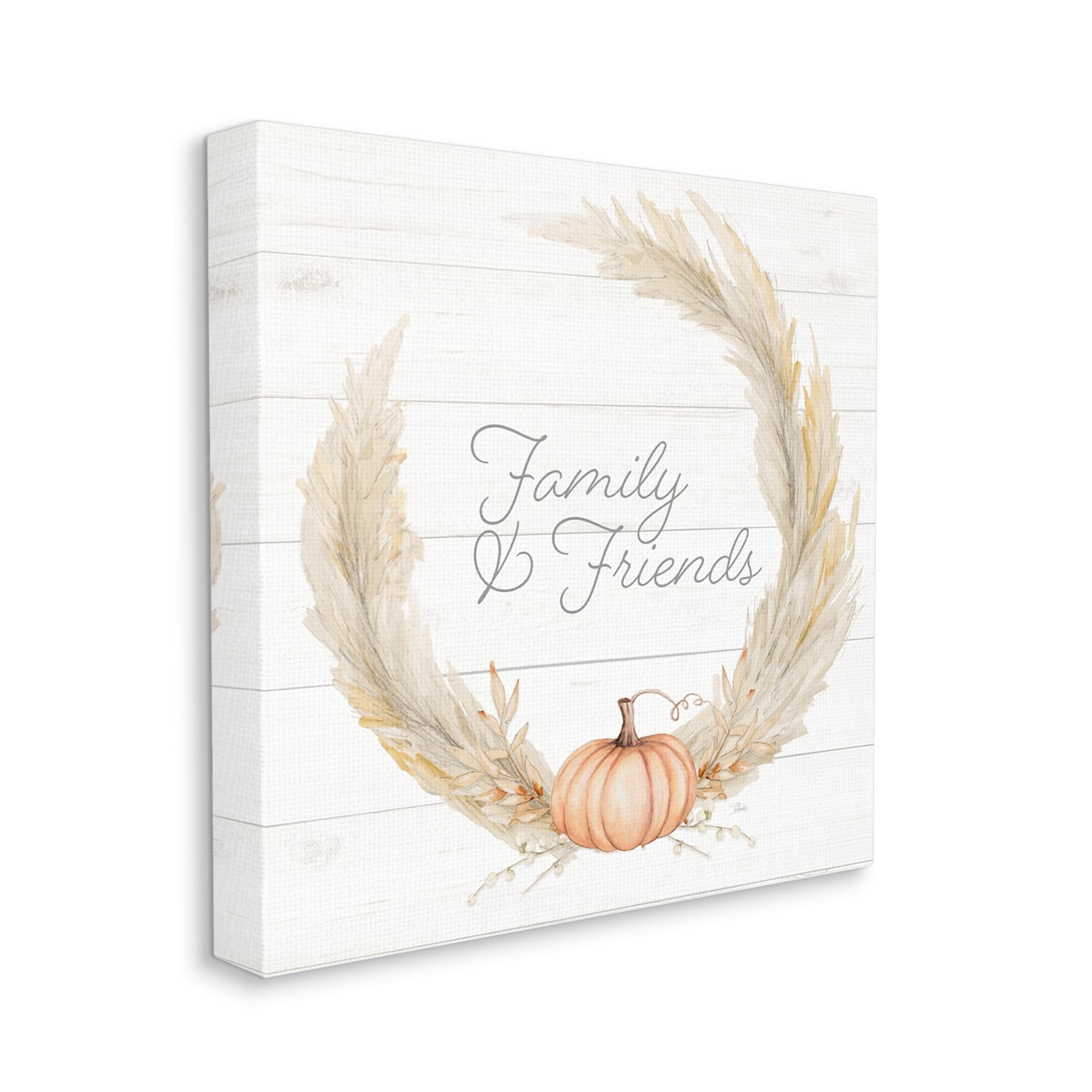 Family & Friends Autumn Farmhouse Wheat Pumpkin Wreath Inspirational Graphic Art Gallery-Wrapped Canvas Print Wall Art