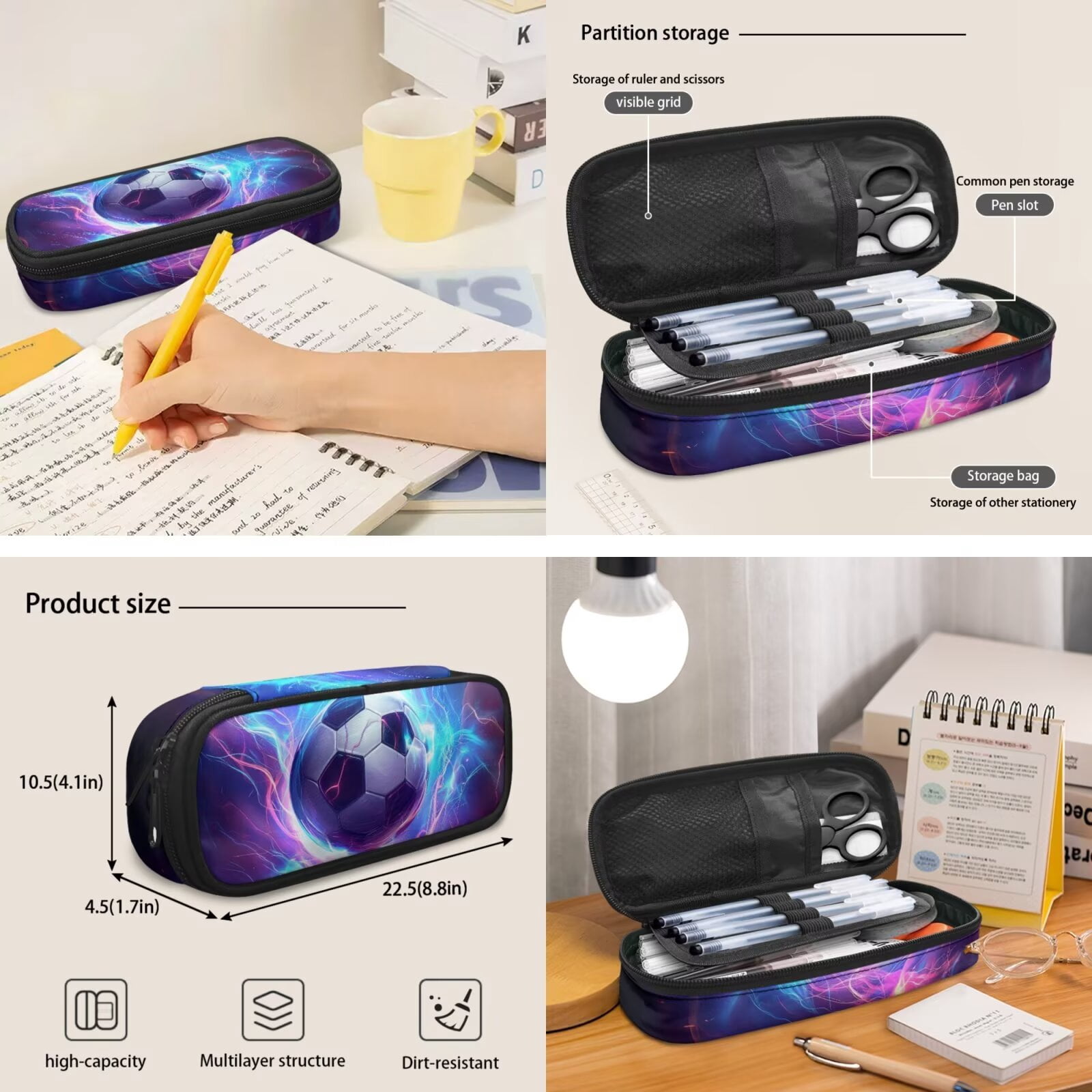 XYZCANDO Soccer School Backpack Set 5Pcs with Portable Lunch Bag Multifunctional Pencil Case 2 Piece Bookmark for Elementary Middle School