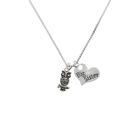 Eyed Owl Pendant - Antiqued Owl with Clear Crystal Eyes Big Sister Heart Necklace