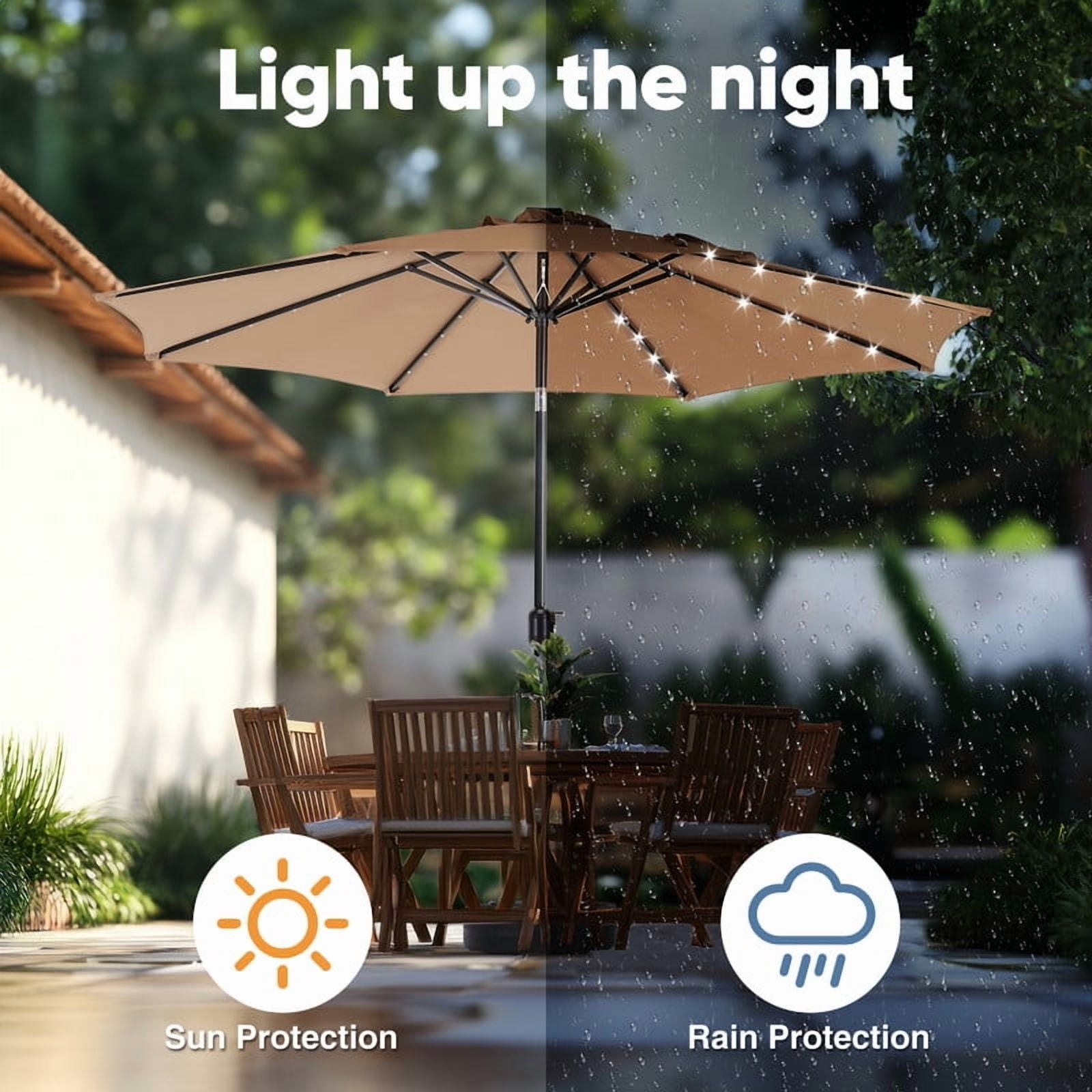 Gianna 10ft Solar Polyester 32 LED Lighted Patio Umbrella with Tilt Adjustment and UV-Resistant Fabric,Khaki-1