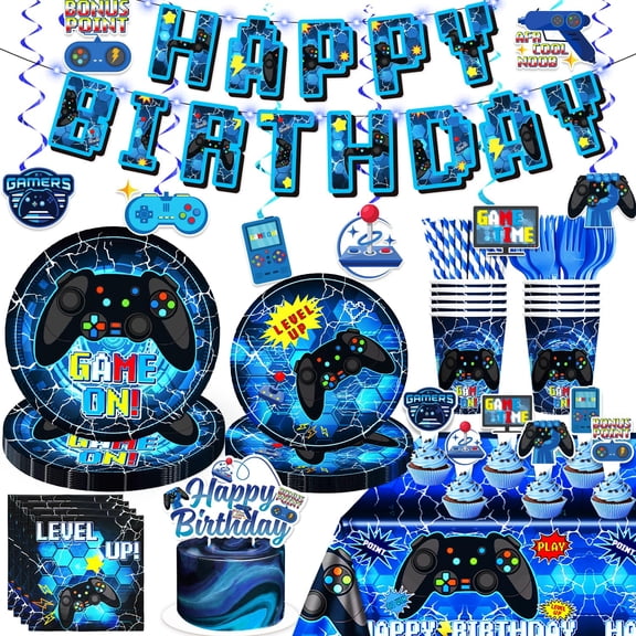 Yingoto 174pcs Video Game Birthday Decorations-Serves 25, All-in-one Gamer Birthday Party Decorations with 300gsm Plate, Tablecloth, Banner, Centerpiece, Cake Topper, Hanging Swirl, Etc C113