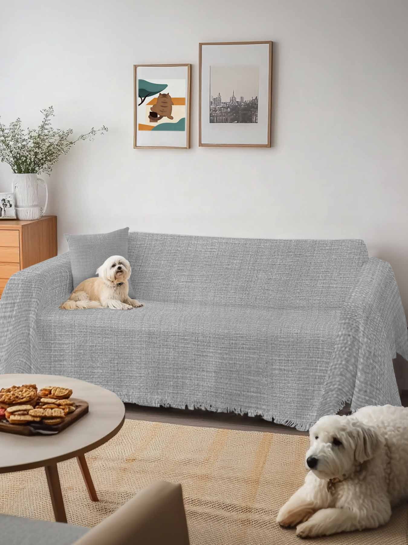 Grey Burlap Texture Sofa Covers for 2-3 Cushion Couch L-Shaped Sectional, Farmhouse Vintage Gray Washable Sofa Covers Slipcover for Living Room Furniture, Couch Cover Blanket 71"x134"