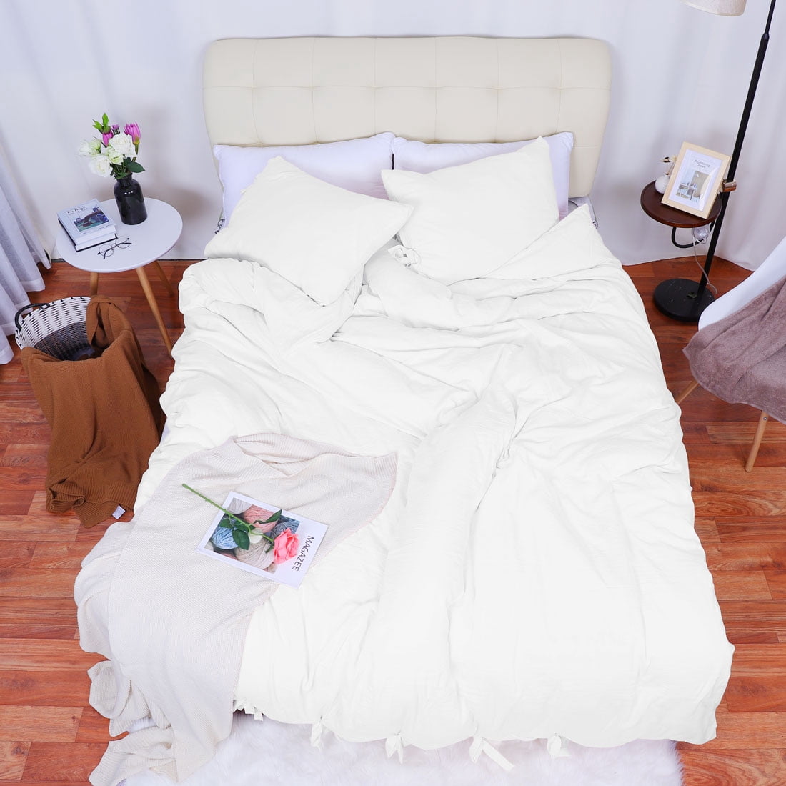 Unique Bargains Washed Cotton Duvet Cover Pillowcase Bedding Set Queen White