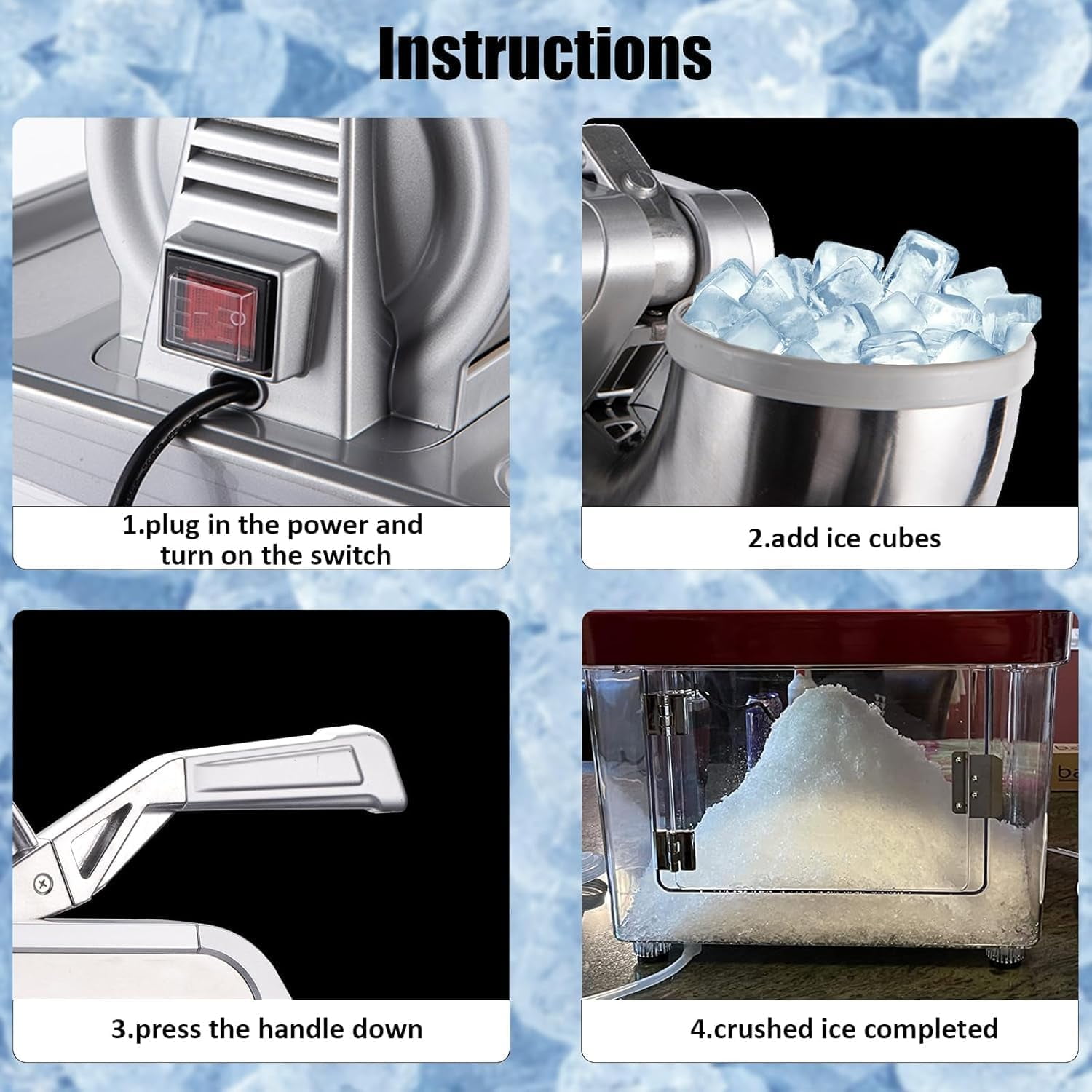 Commercial Ice Crusher Machine, 350W, 661 LBS/H, Ice Shaver Maker with 4 Stainless Steel Blades, 10 Gal Storage Box, Ice Scoop, Snow Cone Machine for Home Bar Cafes, Silver