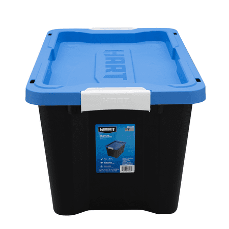 HART 12 Gallon Latching Plastic Storage Bin Container, Black with Blue Lid, Set of 4