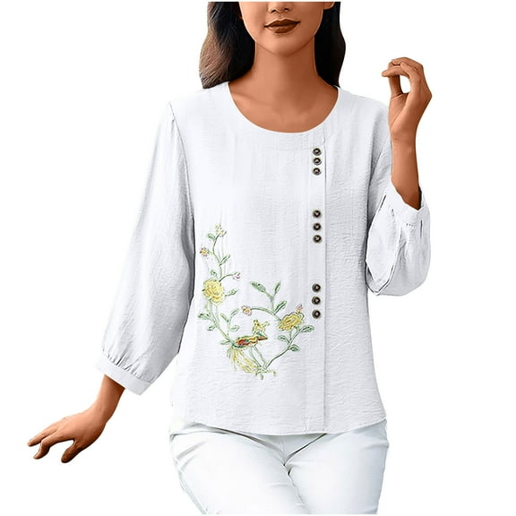 successthop Womens Blouses Casual 3/4 Sleeves Tunic Plus Size Clothes Crewneck Button Embroidered Flower Pullover Shirt