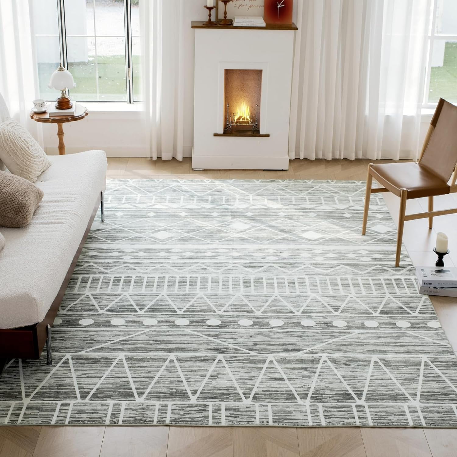 5x7 Beige Moroccan Boho Area Rug - Low Pile Washable & Non-Slip, For Living Room, Bedroom, Or Dining Room