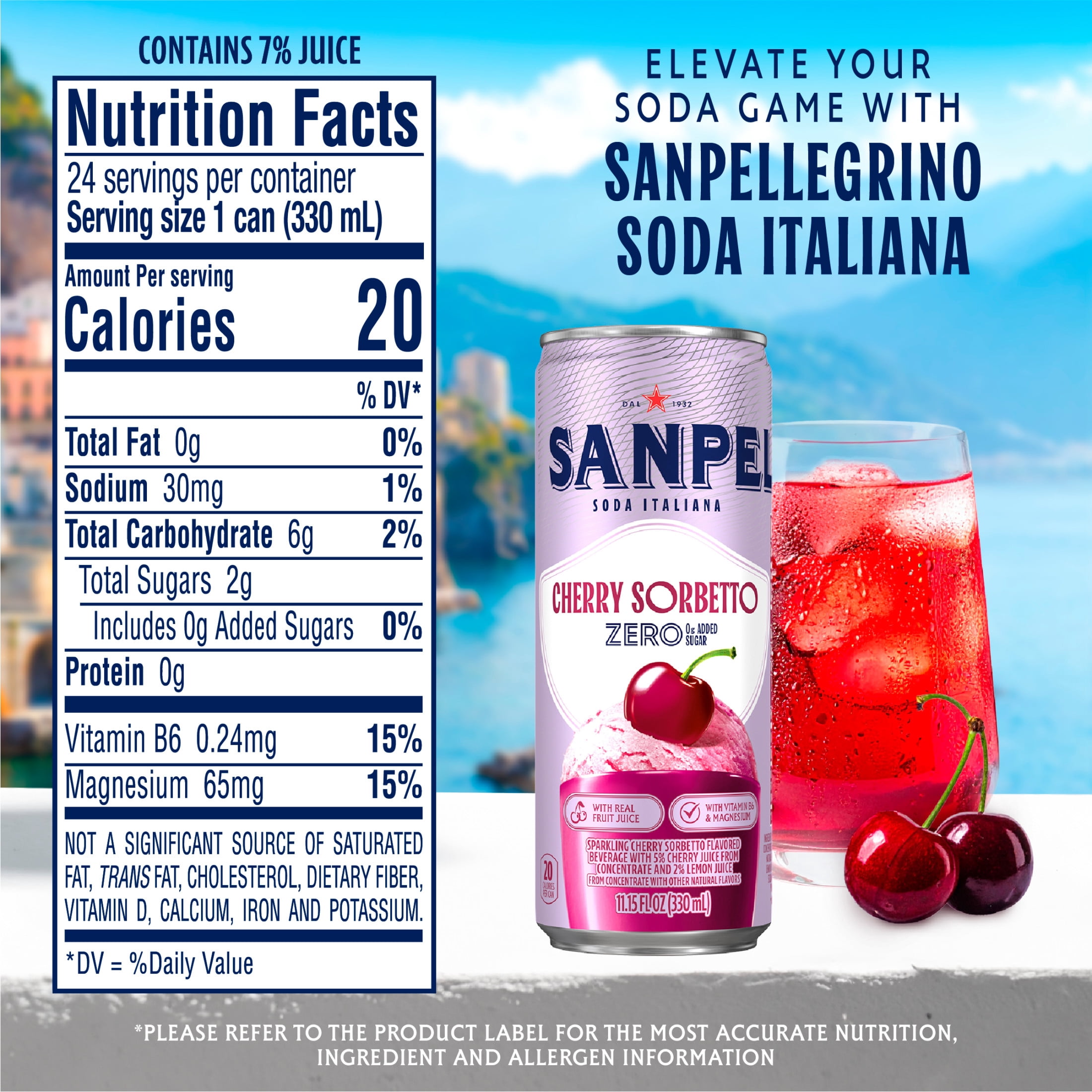 Sanpellegrino Soda Italiana Cherry Sorbetto, 0g Added Sugar, Italian Sparkling Soda, 24PK