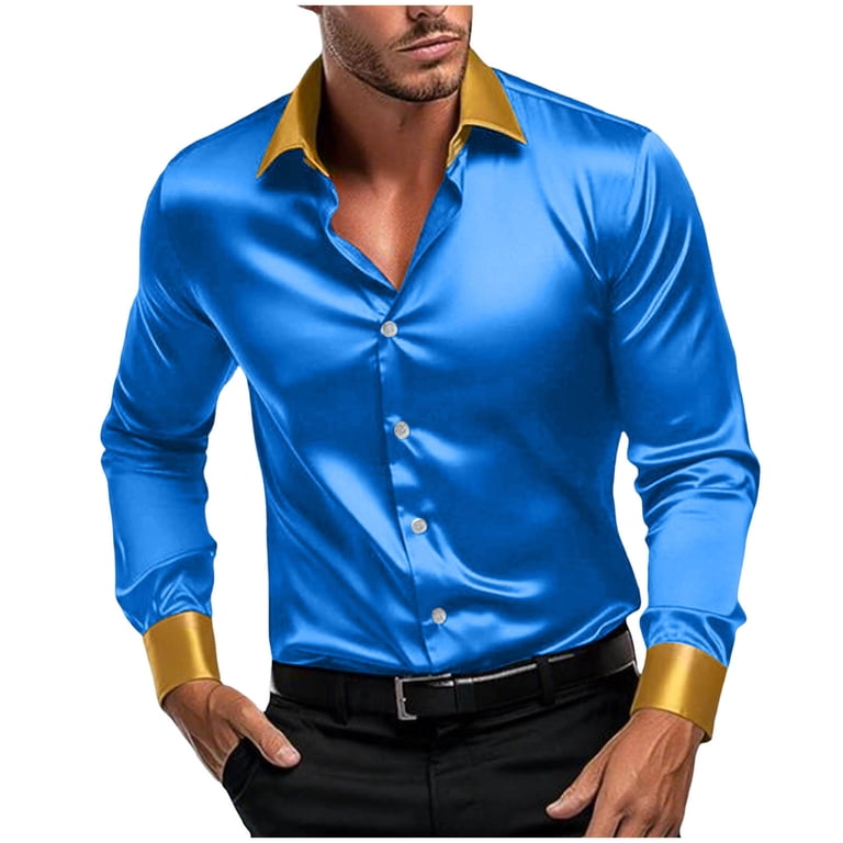 Fznquz Satin Big and Tall Shirts for Men Button-Up Collared Blue Shirts Regular Fit Long Sleeve Party Prom Men's Fashion