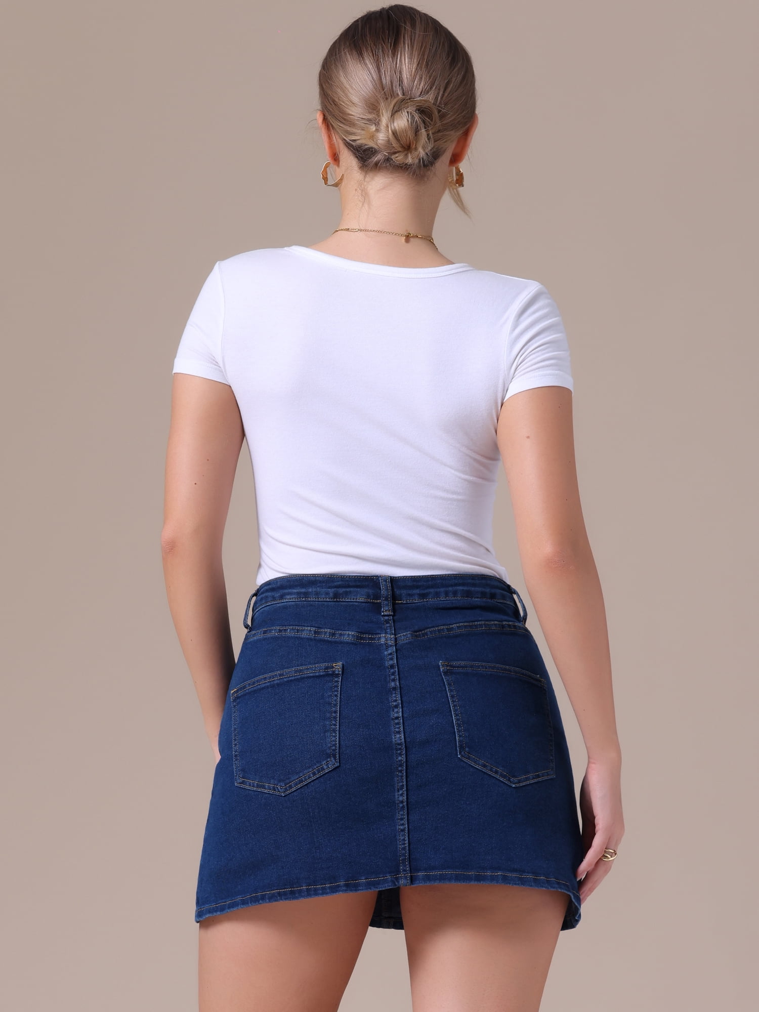 DARING DIVA Women's High Waisted A Line Stretchy Side Slit Mini Denim Skirt L Dark Blue