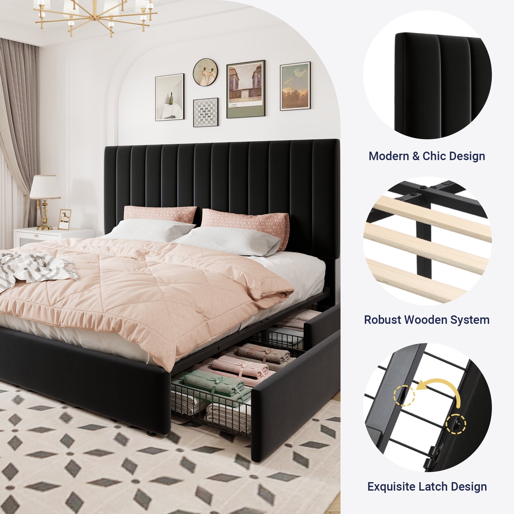 Allewie King Size Storage Bed Frame,Adjustable Headboard, Velvet Upholstered Platform Bed with 4 Oversized Underbed Drawers, Wooden Slats Support, No Box Spring Needed, Black