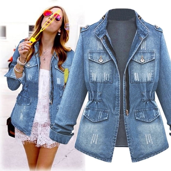 Plus Size Casual Women's Ladies Denim Oversize Jeans Chain Jacket Pocket Coat with Distressed Design, in Size L