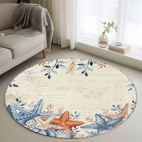 Orange Blue Starfish Coastal Round Area Rug 3Ft Washable Small Circle Rugs for Kitchen Entryway, Summer Beach Eucalyptus Rustic Non-Slip Carpet Floor Mats Indoor Outdoor Carpet Runner Home Decor