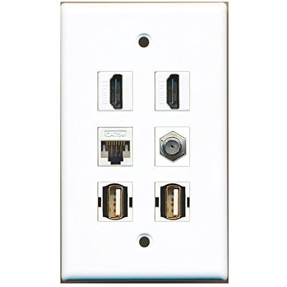 RiteAV - 2 HDMI 1 Port Coax Cable TV- F-Type 2 Port USB A-A 1 Port Cat5e Ethernet White Wall Plate