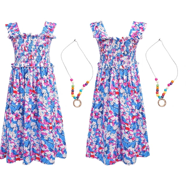Linjinx Robe d'Été Décontractée pour Filles avec Collier Imprimé Floral Boho Robe de Plage Bleu&Violet 120