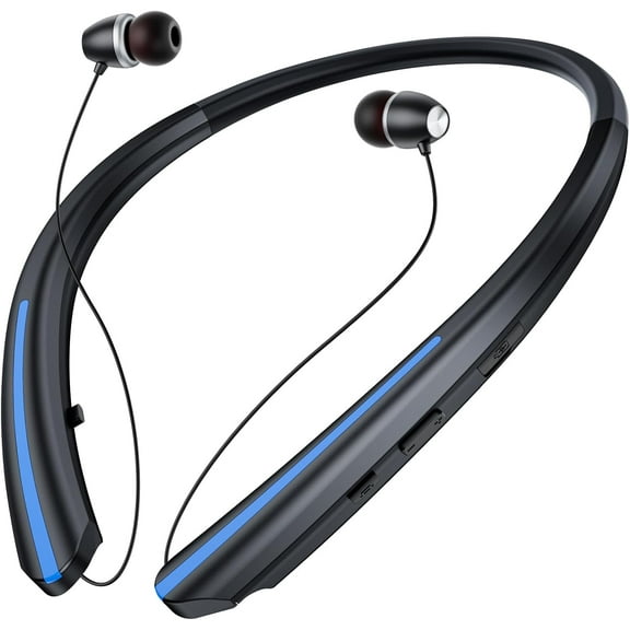 Retractable Neckband Bluetooth Headphones, IPX5 Sweatproof Headset Wireless Earbuds with Mic, Vibration Alert, Noise Cancelling Stereo Earphones for Sports, Running, Driving, Workouts (Blue)