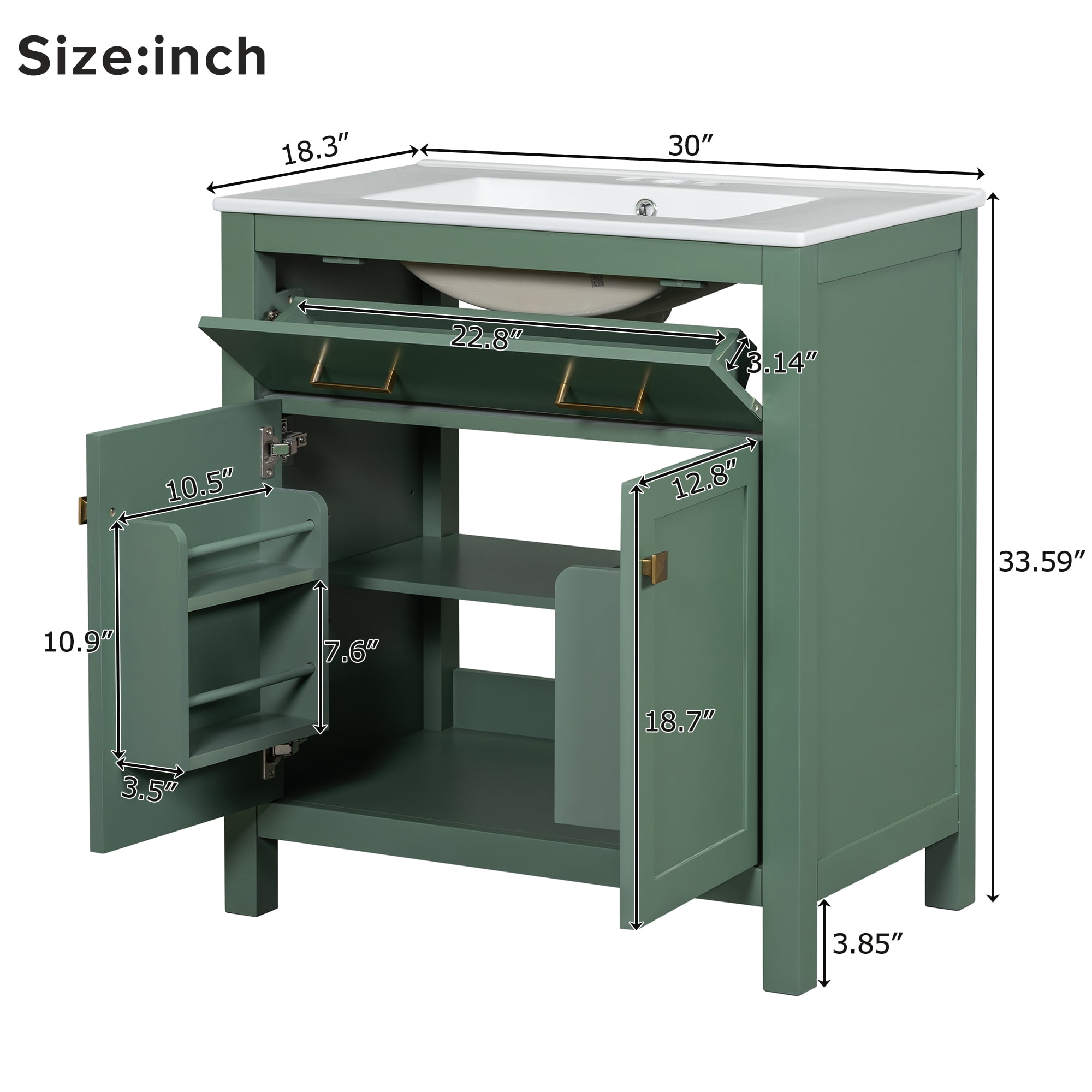 Harper & Bright Designs 30 inch Bathroom Vanity with Ceramic Sink, Modern Green Single Bathroom Cabinet with 2 Doors and a Shelf, Soft Close Doors, Green