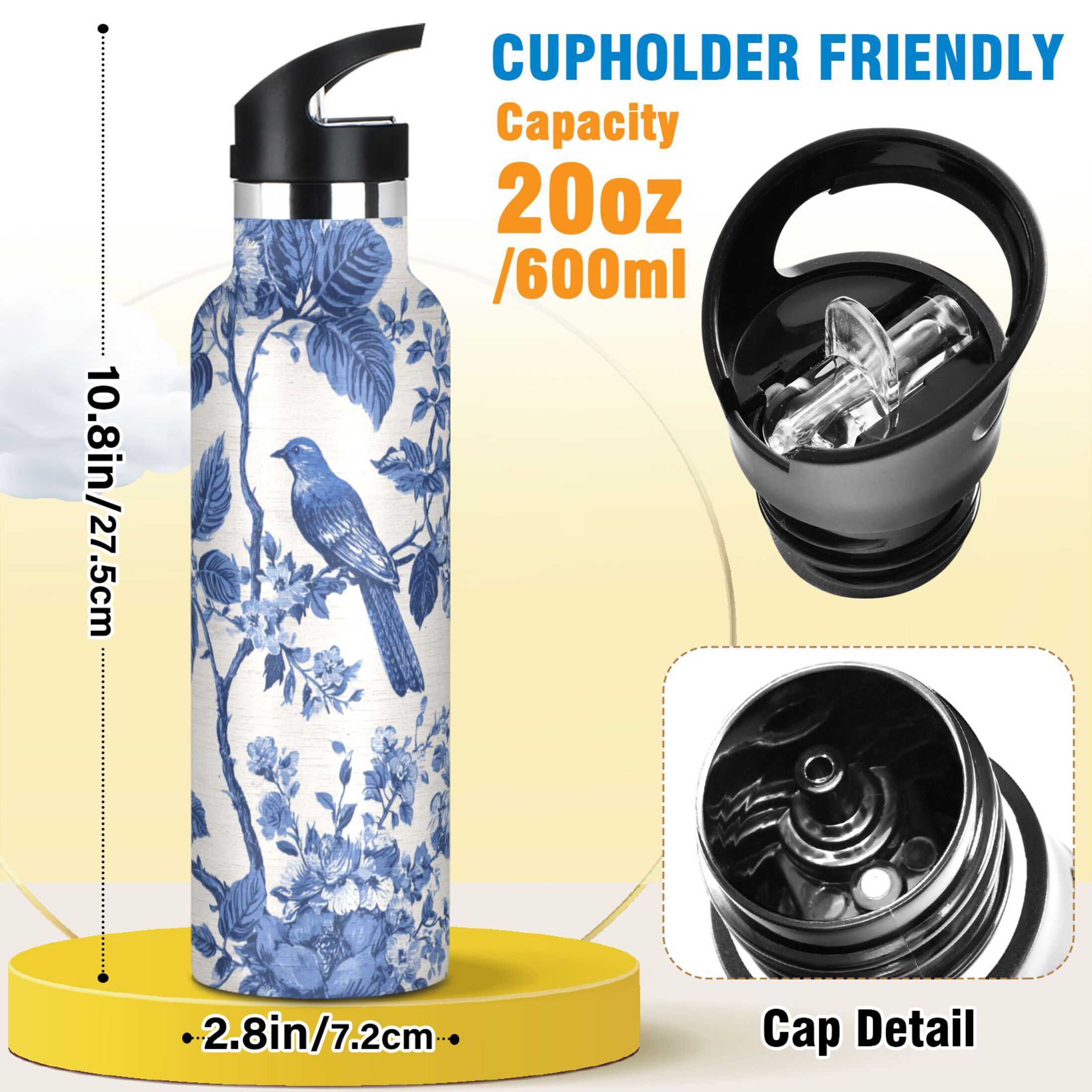 Kids Insulated Stainless Steel Sports Water Bottle 600ml (20oz) Blue Flowers and Birds