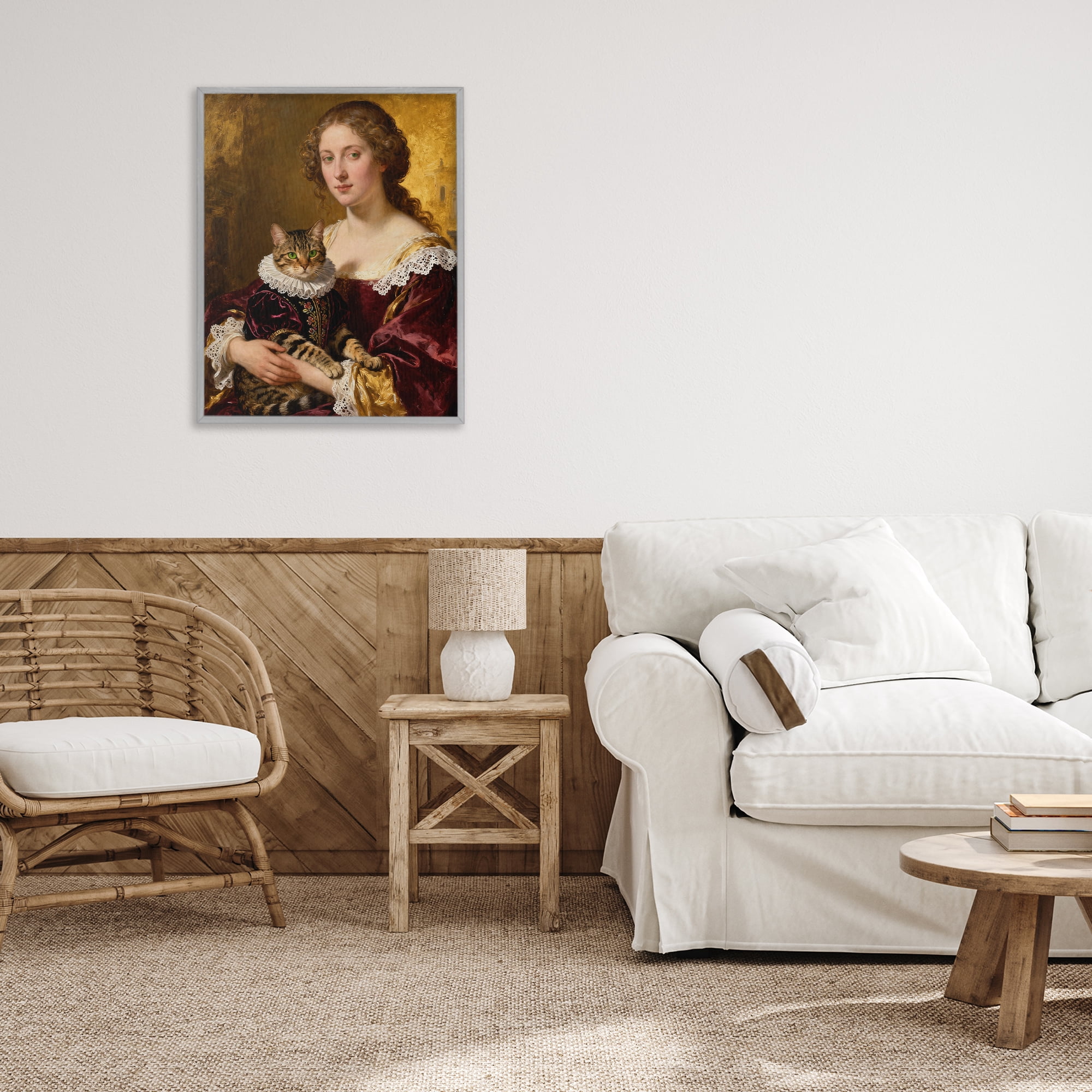 Stupell Industries Renaissance Lady with Regal Cat Gray Framed Giclee Art, design by CAD Designs