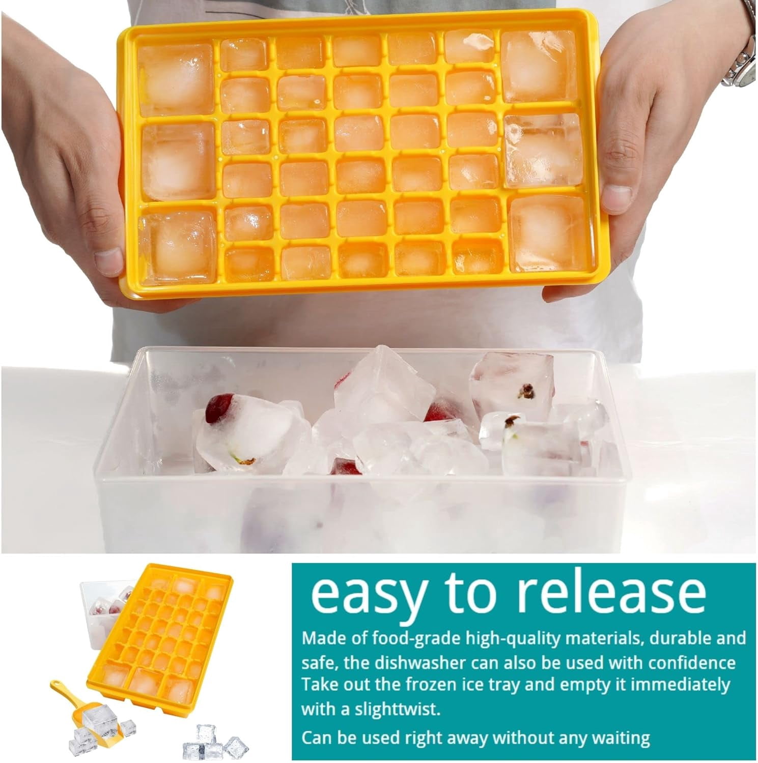 Ice Cube Tray with Lid and Bo - Ice Cube Mold for Refrigerator BPA Free Ice Container with Spoon and Lid Blue Green Powder (Green+110)