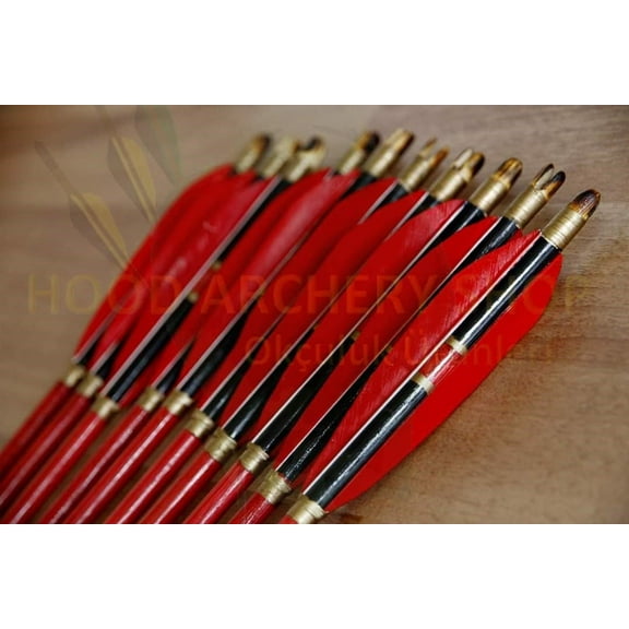12 PCS Medieval Pine Traditional Ottoman Hunting Archery Arrow For Recurve Longbow Bow Shoot with Red Turkey Feathers Sinew Reinforcement